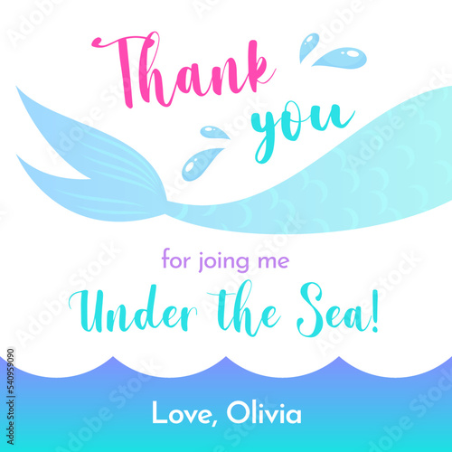 Birthday Thank you tag. Cute party favor card background decorated with of mermaid tail. Vector 10 EPS.