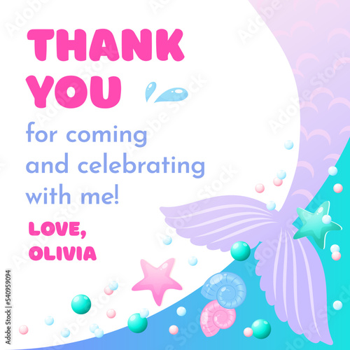Birthday Thank you tag. Cute party favor card background decorated with of mermaid tail. Vector 10 EPS.