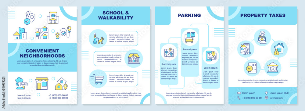 Convenient neighborhood brochure template. Walkable community. Leaflet design with linear icons. Editable 4 vector layouts for presentation, annual reports. Arial-Black, Myriad Pro-Regular fonts used