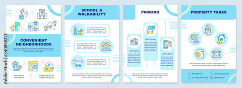 Convenient neighborhood brochure template. Walkable community. Leaflet design with linear icons. Editable 4 vector layouts for presentation, annual reports. Arial-Black, Myriad Pro-Regular fonts used