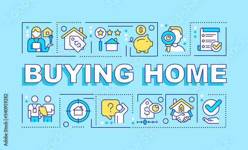 Buying home word concepts turquoise banner. House hunting. Real estate. Infographics with editable icons on color background. Isolated typography. Vector illustration with text. Arial-Black font used