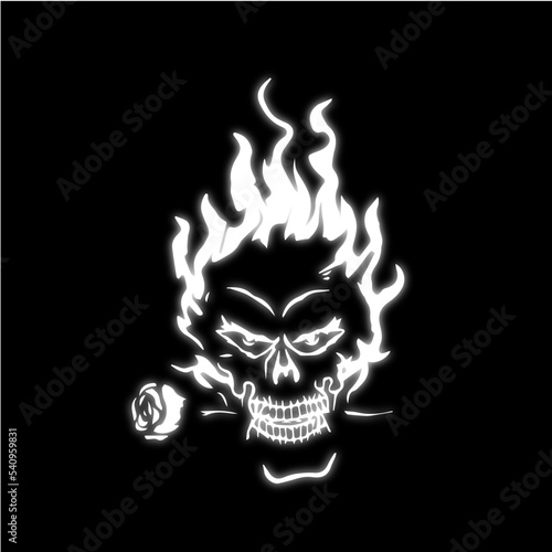 Flaming skull with a rose outline 