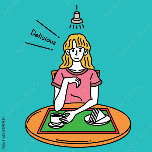 シンプルでかわいいカフェで食事をする女性のベクターイラスト素材