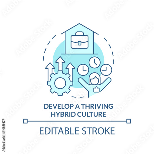 Develop thriving hybrid culture turquoise concept icon. Flexible work arrangement abstract idea thin line illustration. Isolated outline drawing. Editable stroke. Arial, Myriad Pro-Bold fonts used