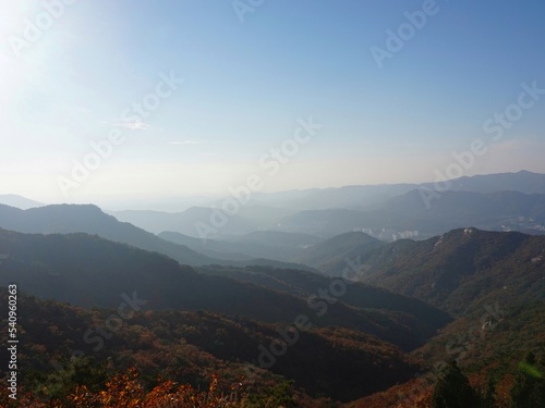 Bukhansan National Park. Mangwolsa Temple. autumn mountains. hiking Korean mountains. mountain landscapes in autumn. trekking. rise to the top of the mountain. fine dust in Korea © MarsiWWW