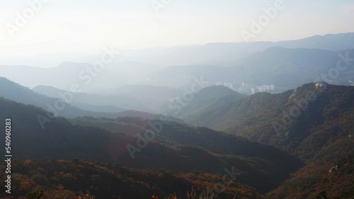 Bukhansan National Park. Mangwolsa Temple. autumn mountains. hiking Korean mountains. mountain landscapes in autumn. trekking. rise to the top of the mountain. fine dust in Korea