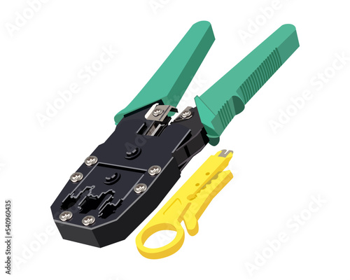 Vector Illustration Crimping Tool Triple (RJ-45 + RJ-11 + Cutter) isolated on white background. Carpentry hand tools.