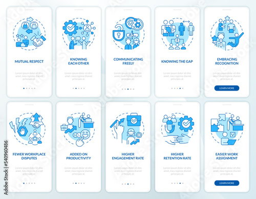 Employee employer relationship blue onboarding mobile app screen set. Walkthrough 5 steps editable graphic instructions with linear concepts. UI, UX, GUI template. Myriad Pro-Bold, Regular fonts used