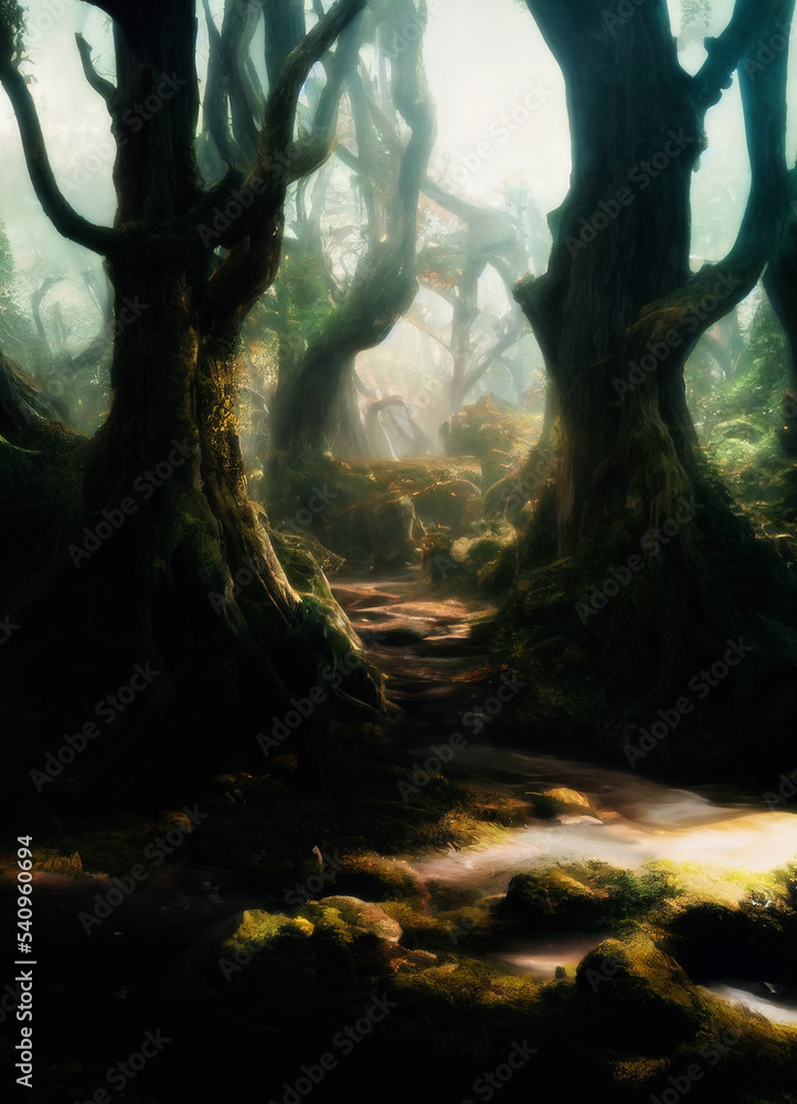 Obraz premium Trees of misty old forest of fantasy world, AI Generative Illustration