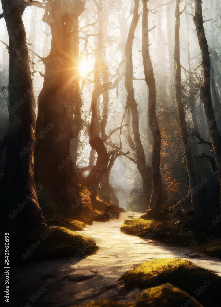 Fototapeta premium Sun shining through the trees of misty old fairy tale forest, AI Generative Illustration