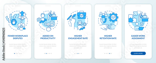 Worker employer relations benefits blue onboarding mobile app screen. Walkthrough 5 steps editable graphic instructions with linear concepts. UI  UX  GUI template. Myriad Pro-Bold  Regular fonts used