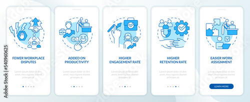 Worker employer relations benefits blue onboarding mobile app screen. Walkthrough 5 steps editable graphic instructions with linear concepts. UI, UX, GUI template. Myriad Pro-Bold, Regular fonts used