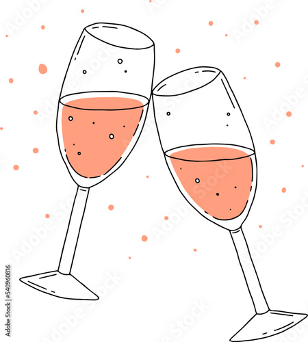 Two glasses of pink champagne on a white background, a toast. Christmas, anniversary or wedding celebration. Vector doodle hand drawn illustration.