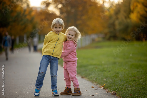 Cute blond toddler children boy and girl,walking in autumn park on sunset, enjoying the beautiful nature