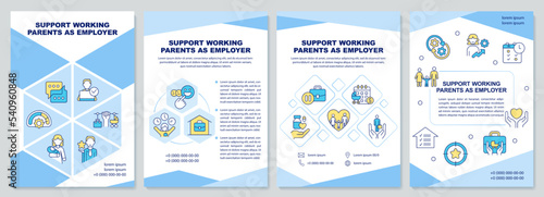 Employer support working parents blue brochure template. Leaflet design with linear icons. Editable 4 vector layouts for presentation, annual reports. Arial-Black, Myriad Pro-Regular fonts used