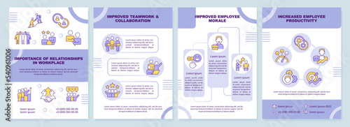 Relationship in workplace purple brochure template. Importance. Leaflet design with linear icons. Editable 4 vector layouts for presentation, annual reports. Arial-Black, Myriad Pro-Regular fonts used