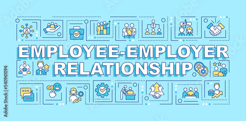 Employee employer relations word concepts turquoise banner. Workplace. Infographics with editable icons on color background. Isolated typography. Vector illustration with text. Arial-Black font used
