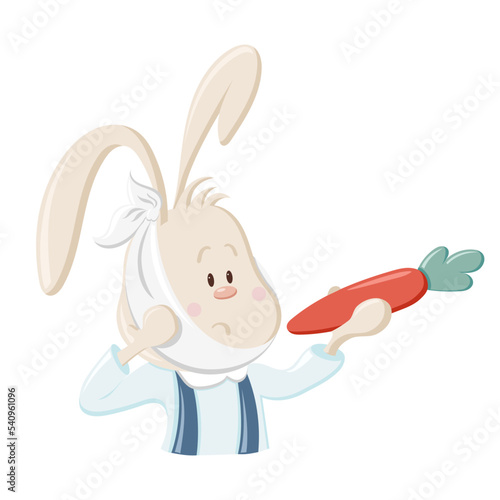20 / 25 Cute bunny with handkerchief on cheek has tooth ache because of carrot. Pain. Christmas, New Year and Easter coloured vector illustration. Collection of rabbits in cartoon style. Humour