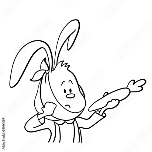 20 / 25 Cute bunny with handkerchief on cheek has tooth ache because of carrot. Pain. Christmas, New Year and Easter contour vector illustration. Collection of rabbits in cartoon style. Humour