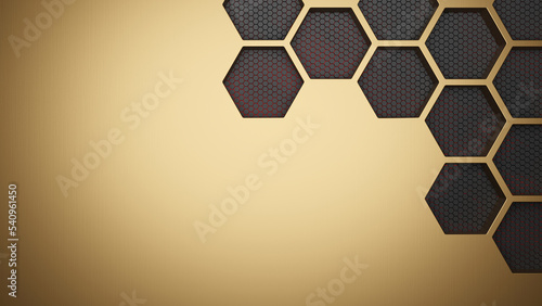 Futuristic gold hexagonal texture background. 3d rendering