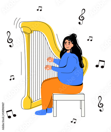 A harpist plays the harp while sitting on a stool. Vector stock illustration. Musical instrument. isolated. White background. Notes. Orchestra. flat character