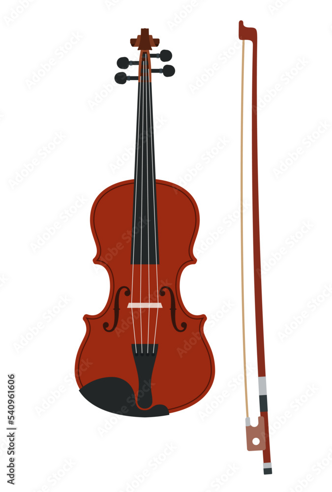 Vector illustration of brown violin and bow, isolated on a white background. Classical stringed musical instrument. Flat design style. Vector illustration of brown violin and bow, isolated on a white background. Classical stringed musical instrument. Flat design style.