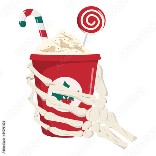 Skeleton hand holding festive Christmas hot drink. Isolated on white background. Creepy Christmas illustration.