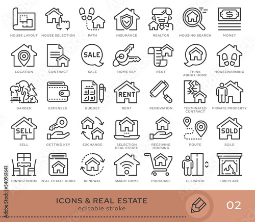 Set of conceptual icons. Vector icons in flat linear style for web sites, applications and other graphic resources. Set from the series - Real Estate. Editable stroke icon.