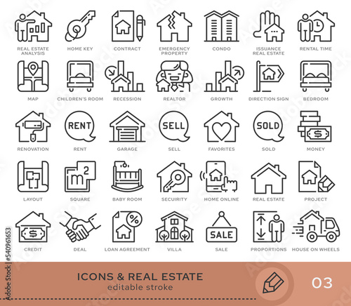 Set of conceptual icons. Vector icons in flat linear style for web sites, applications and other graphic resources. Set from the series - Real Estate. Editable stroke icon.