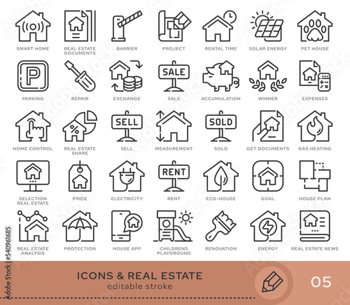 Set of conceptual icons. Vector icons in flat linear style for web sites, applications and other graphic resources. Set from the series - Real Estate. Editable stroke icon.