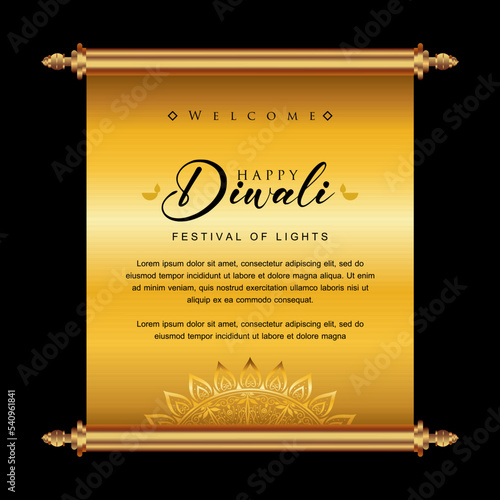 Happy Diwali festival golden scroll, Diwali holiday Background with rangoli, Diwali celebration greeting card, Diwali banner vector.