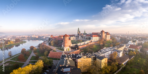 Cracow / Kraków at sunrise aerial panorama.