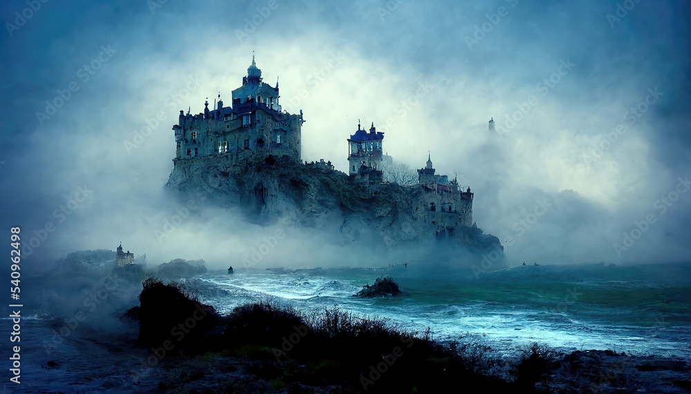 AI generated image of an ancient castle by the sea with a storm approaching AI generated image of an ancient castle by the sea with a storm approaching