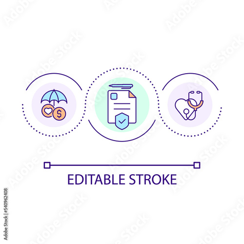 Healthcare funding loop concept icon. Health insurance coverage. Financing medical industry abstract idea thin line illustration. Isolated outline drawing. Editable stroke. Arial font used