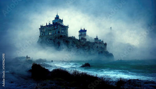 AI generated image of an ancient castle by the sea with a storm approaching 