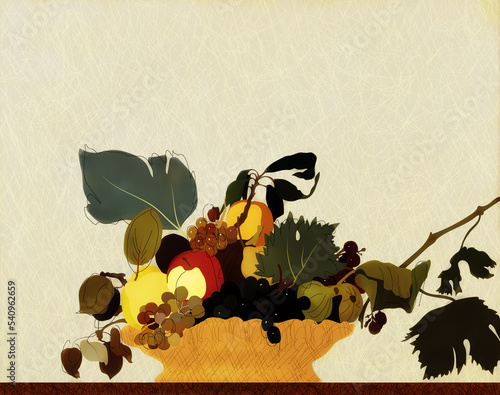 An illustration of a various fruits in a fruit basked inspired by Caravaggio. photo