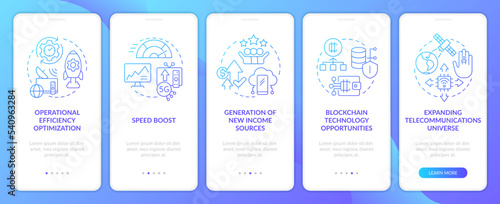 IoT in telecommunication profits blue gradient onboarding mobile app screen. Walkthrough 5 steps graphic instructions with linear concepts. UI, UX, GUI template. Myriad Pro-Bold, Regular fonts used