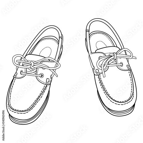 Hand drawn classic boat shoes front and top view. Outline doodle vector illustration