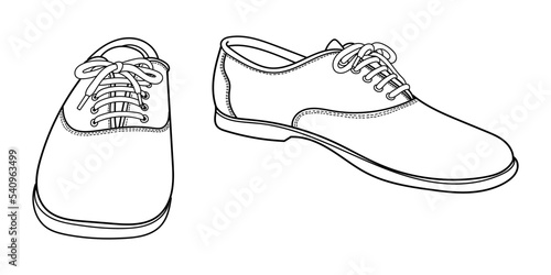 Hand drawn illustration of casual shoes, summer boots shoes, 3d front and top view. Classic vintage style. Outline doodle vector illustration.	