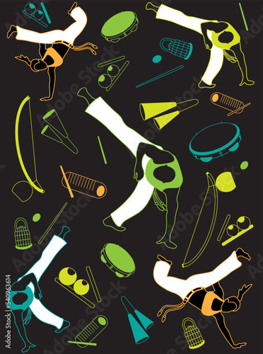 Colorful capoeira pattern background with instruments and people doing kick and acrobatic movements. Vector illustration poster, template banner for capoeira events, trainings, workshops on black.