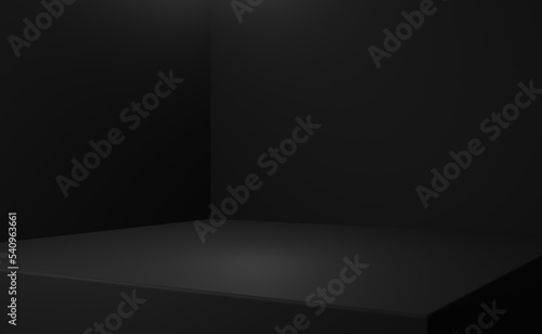 Black room corner background. Empty dark scene with angle. Blank wall with minimal podium for creating mockup or simple advertising.