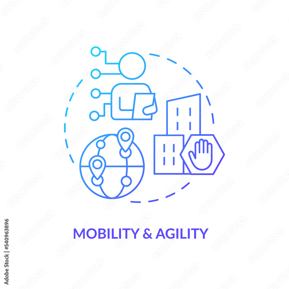 Mobility and agility in business blue gradient concept icon. IoT technologies advantages. Digitalization abstract idea thin line illustration. Isolated outline drawing. Myriad Pro-Bold font used Mobility and agility in business blue gradient concept icon. IoT technologies advantages. Digitalization abstract idea thin line illustration. Isolated outline drawing. Myriad Pro-Bold font used
