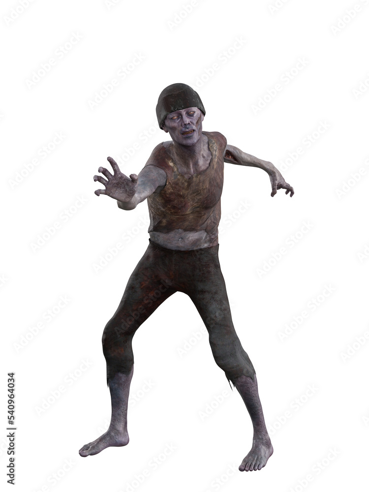 Blood stained undead zombie man reaching out to grab someone. Isolated 3D rendering.