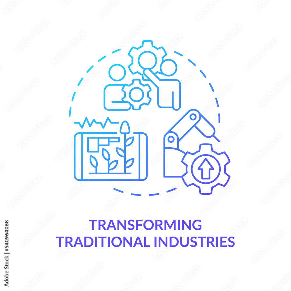 Transform traditional industries blue gradient concept icon. Technological revolution. Agriculture innovation abstract idea thin line illustration. Isolated outline drawing. Myriad Pro-Bold font used Transform traditional industries blue gradient concept icon. Technological revolution. Agriculture innovation abstract idea thin line illustration. Isolated outline drawing. Myriad Pro-Bold font used