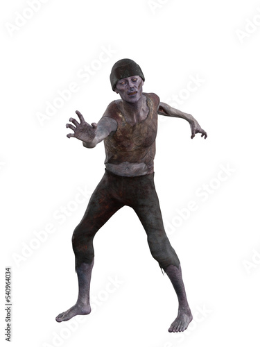 Blood stained undead zombie man reaching out to grab someone. Isolated 3D rendering.