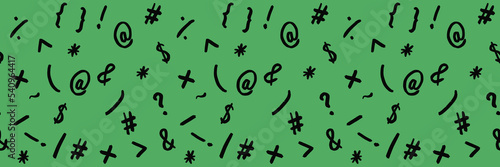 pattern with the image of keyboard symbols. Punctuation marks. Template for applying to the surface. green background. Horizontal image. Banner for insertion into site.