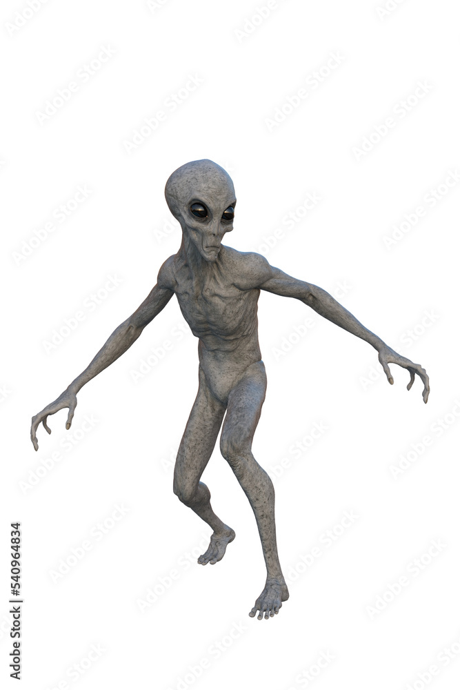 Grey Alien walking. 3D render isolated on transparent background. Grey Alien walking. 3D render isolated on transparent background.