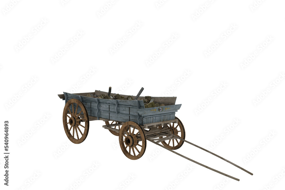An old wooden cart filled with chopped logs of wood. 3D illustration isolated on transparent background.