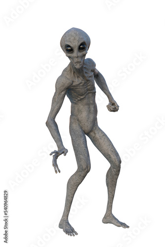 Grey Alien. 3D render isolated on transparent background.