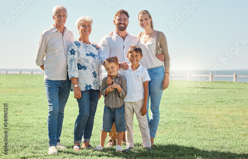 Canvas Print Smile, field and portrait of happy family on grass lawn for outdoor fun, bonding and quality time together in Toronto Canada